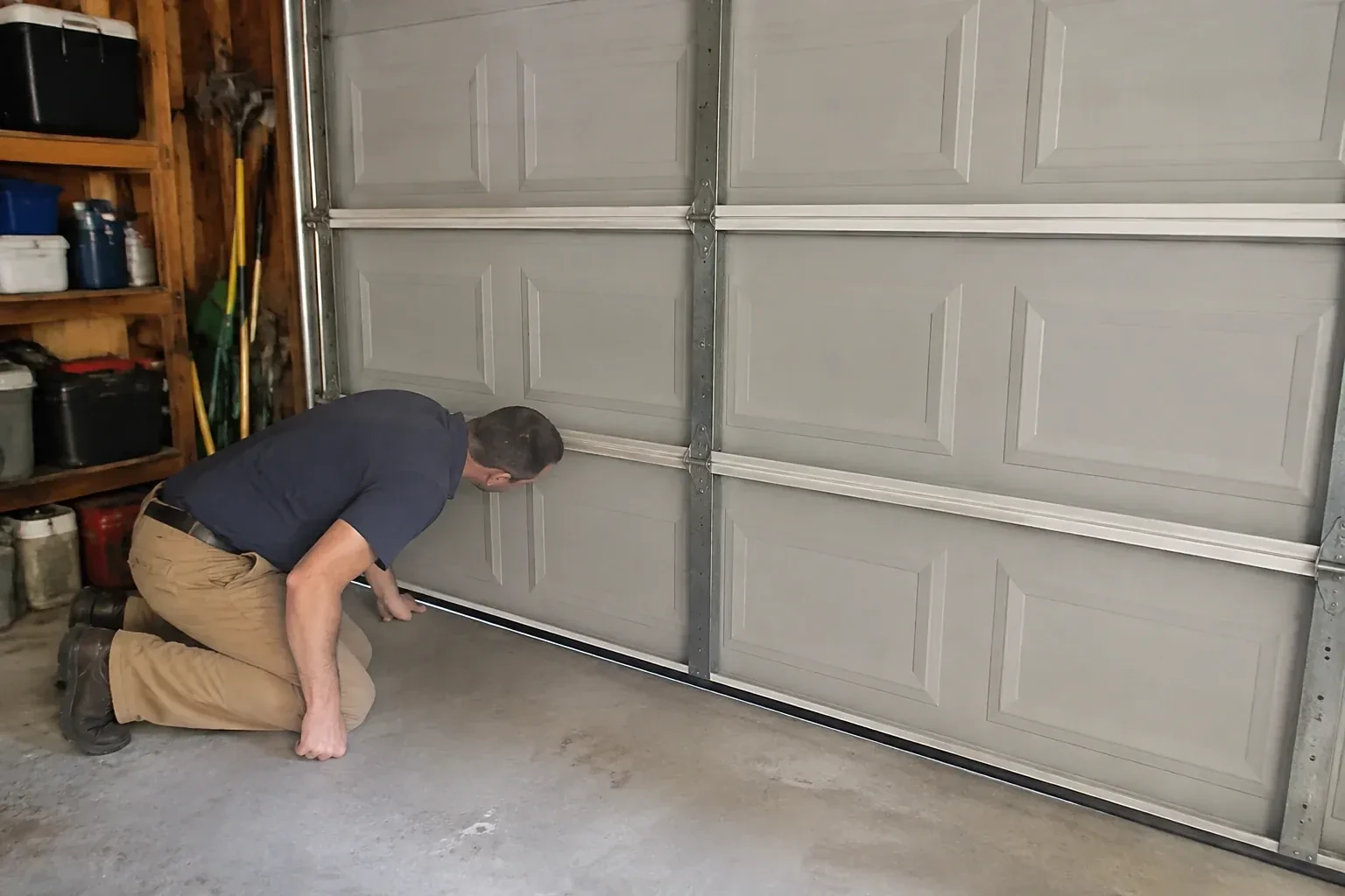 Person kneeling with a hand at the base of a gray paneled door that has a black strip along its bottom. — Garage Door Perimeter Weatherstrip, Brampton