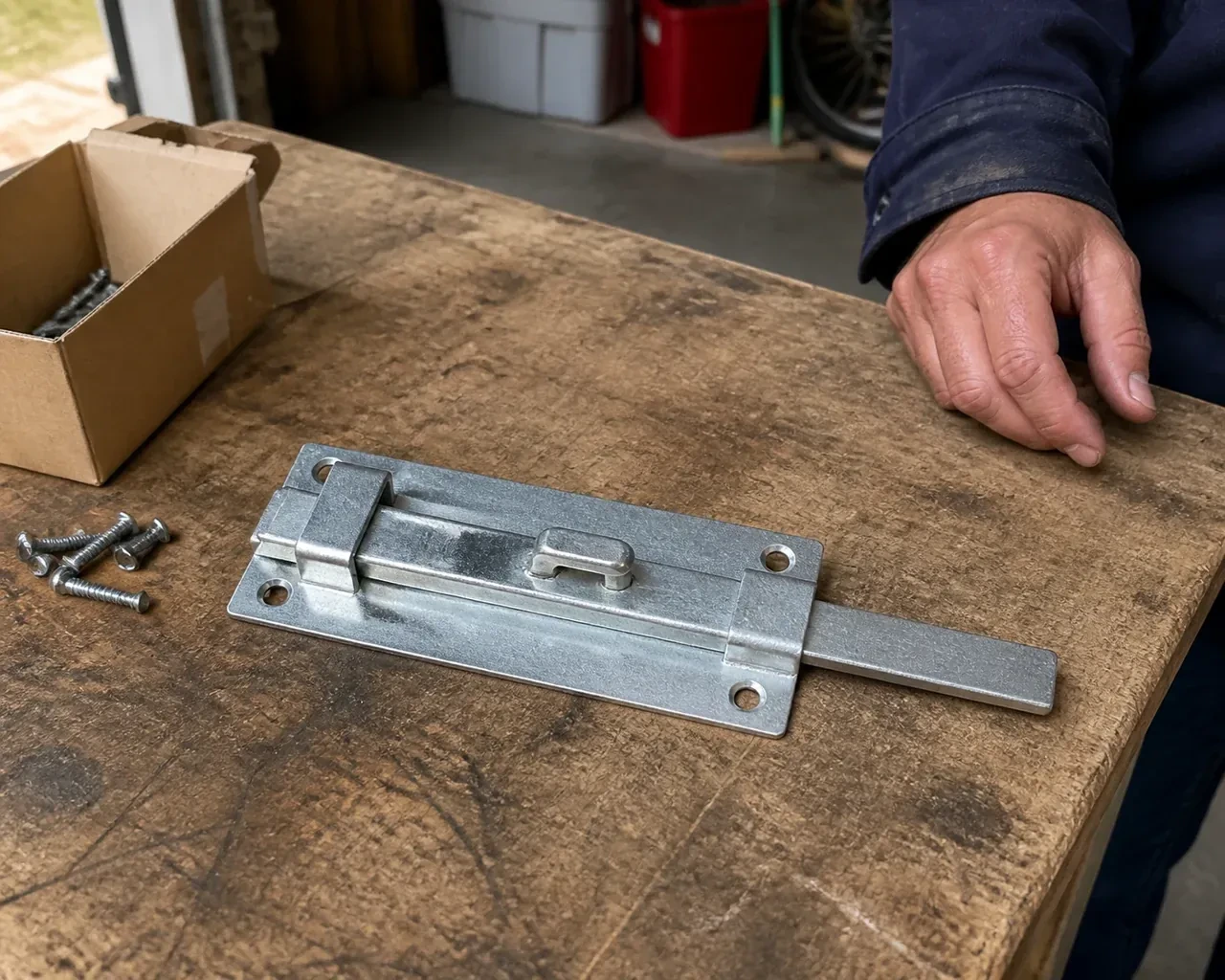A detached metal slide bolt with mounting holes and retaining guides rests beside screws on a workbench. — Garage Door Manual Lock Repair, Brampton
