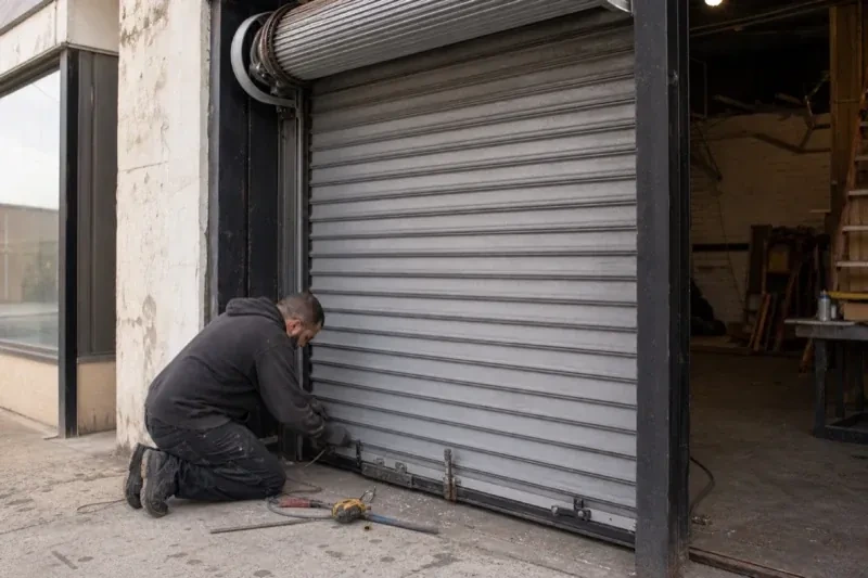 Person kneeling beside the bottom of a metal rolling door with tools on the ground — Commercial Rolling Door Repair, Brampton