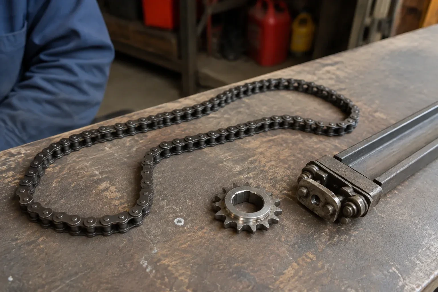 A detached metal roller chain, toothed sprocket and rail component rest on a worn garage workbench. — Chain-Drive Opener Repair, Brampton