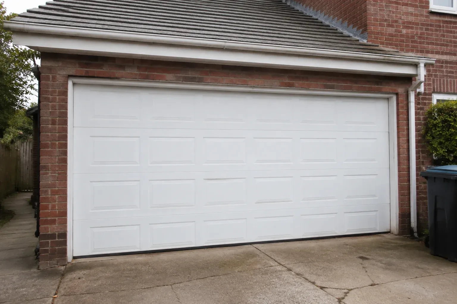 Closed white sectional garage door at an ordinary brick house. — Sectional Garage Door Replacement, Brampton