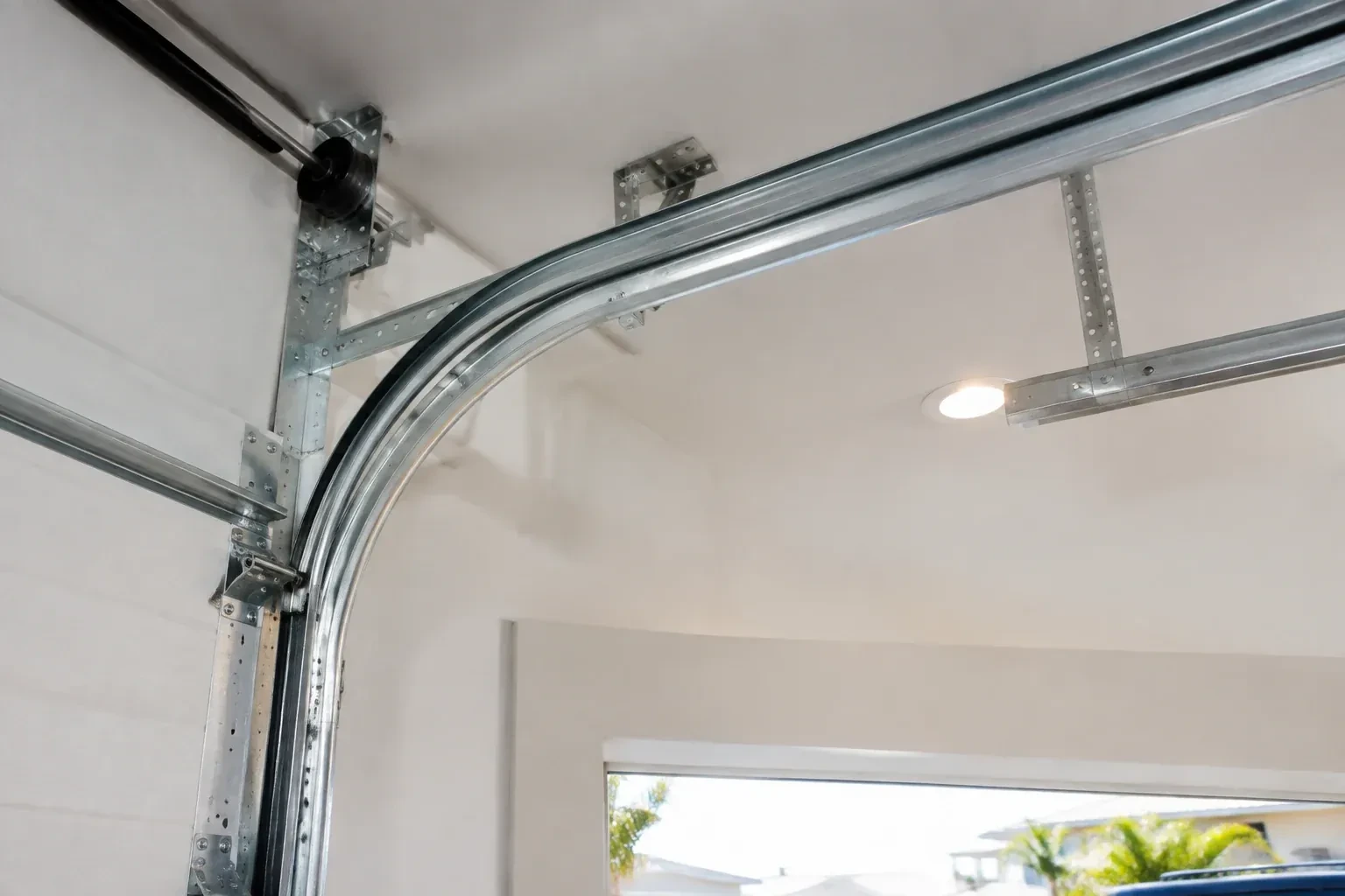 Curved galvanized steel track bending from the vertical door track into the ceiling, with perforated brackets and a recessed light. — Garage Door Track Repair or Replacement, Brampton