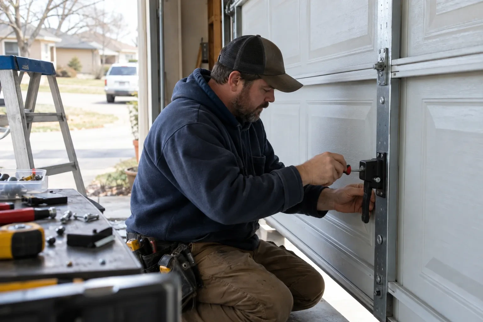 Technician kneeling at a white garage door, turning a screwdriver on a black handle latch mounted on a vertical steel strip.