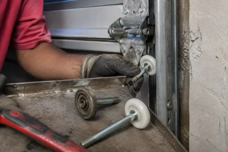 Gloved hand holding a white garage-door roller beside its track, with two loose rollers and a red tool on a tray. — Garage Door Roller Replacement, Brampton