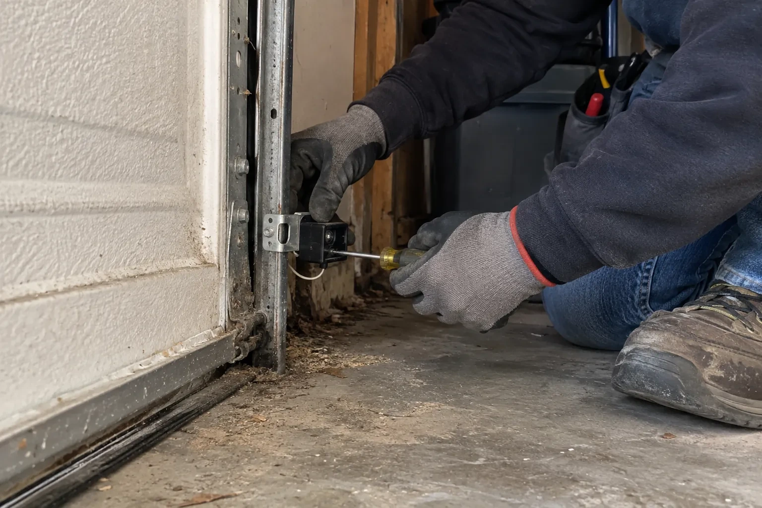 Gloved hands using a yellow-handled screwdriver to fasten a small black sensor to a vertical metal track beside a white door panel. — Photo-Eye Sensor Alignment or Replacement, Brampton