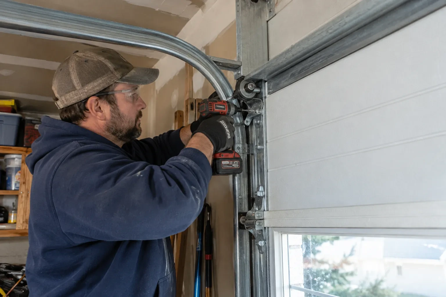 Technician in a mesh cap driving a screw with a cordless drill into a roller bracket beside a curved metal track.