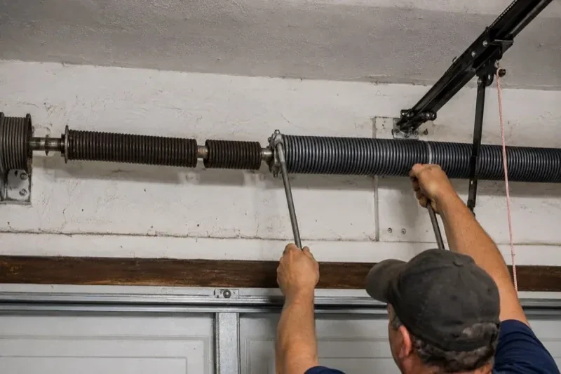 Person holding metal bars beside exposed coiled springs above a garage door. — Torsion Spring Replacement, Brampton