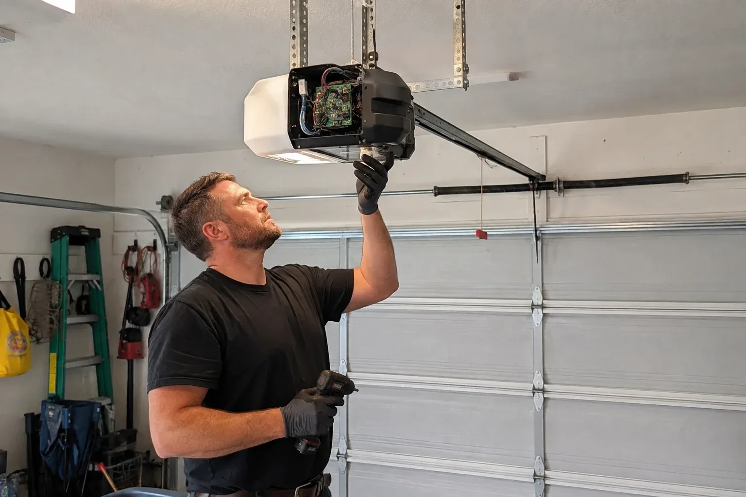 Gloved technician holding a drill and reaching up to an opener housing opened to show a green circuit board. — Belt-Drive Opener Repair, Brampton