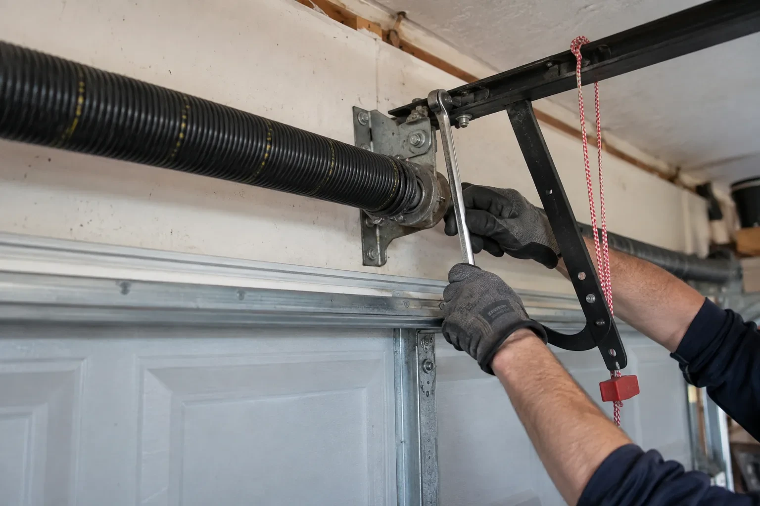Gloved hands using a wrench at the end of a black coiled spring, beside a black arm and a red-and-white pull rope.